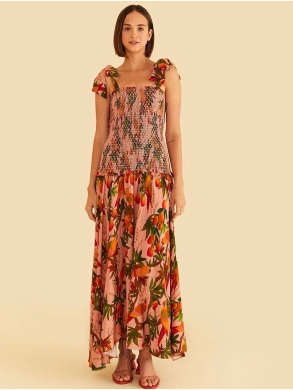 Farm Rio Mango Trees Pink Midi Womens Dress Smocked Sleeveless Size: L $245